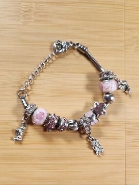 10/$20 Angel Charm Bracelet - Pink Murano-Style Glass & Rhinestone Accents *E2